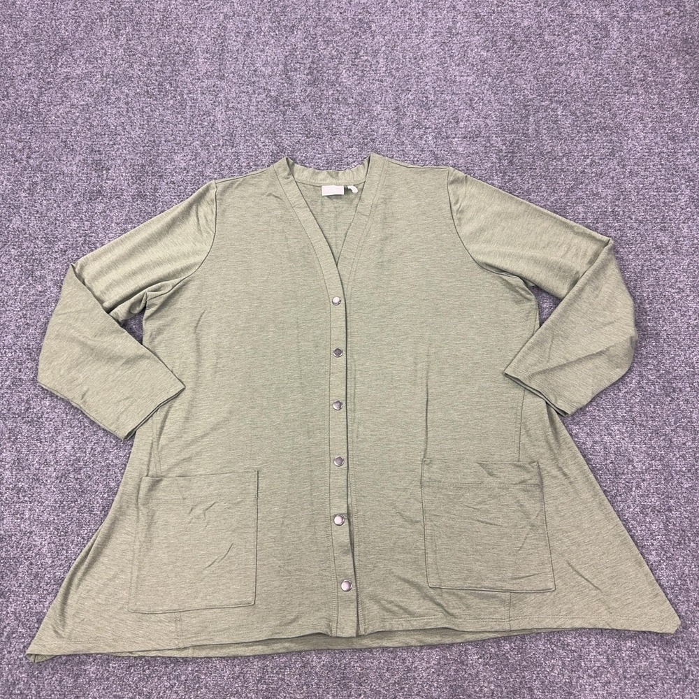 LOGO By Lori Goldstein Cardigan Sweater Womens 2X Green V Neck Pockets Jersey